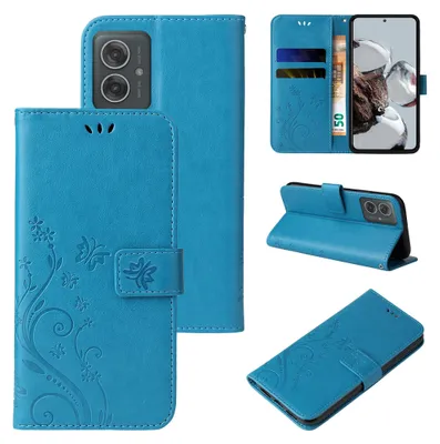 Collage of product images showing a blue flip phone case with floral and butterfly designs from multiple angles.