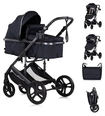 Image de Chipolino Poussette 2 en 1 Amore Porte-boisson Sac à langer Couvre-pieds Panier noir à motifs