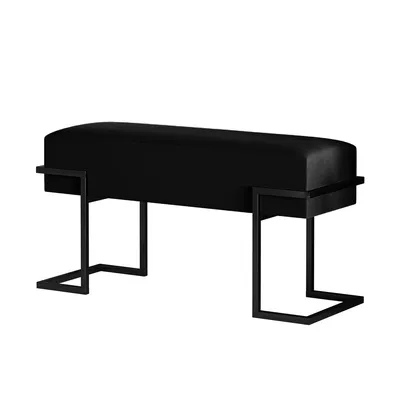 A black upholstered bench with a black metal frame, shown against a white background.