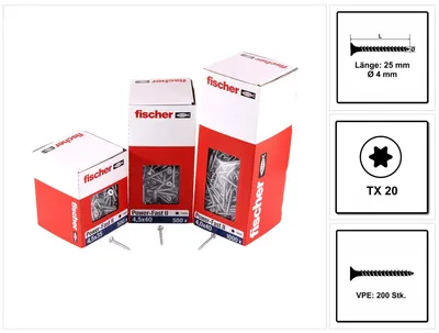Produktbild von fischer Spanplattenschraube PowerFast, FPF II CTF 4,0 x 25 BC 200 Senkkopf mit Innenstern TX Vollgewinde galvanisch verzinkt, blau passiviert, 200 Stück