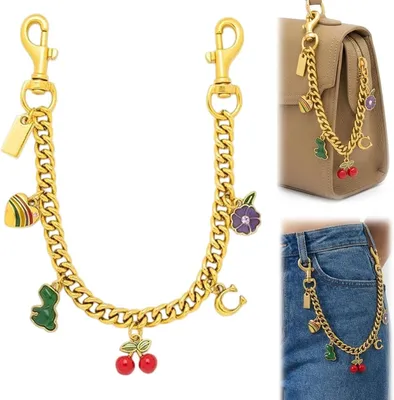 Imagen del producto de Adorno para bolso, cadena dorada con forma de taza y dije de cerezas, con cadena de extensión, ideal para bolsos