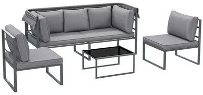 Image de Salon de jardin extšŠrieur 4 piššces modulaire avec canapšŠ, fauteuil et table basse en verre trempšŠ, coussins inclus, gris
