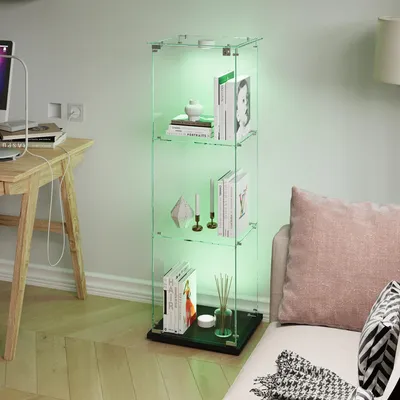 Produktbild von Glasvitrine / Vitrinenschrank - A2 Lampe - Freistehend - 3 Einlegeböden - Beleuchtet - Mit Tür - Schwarz