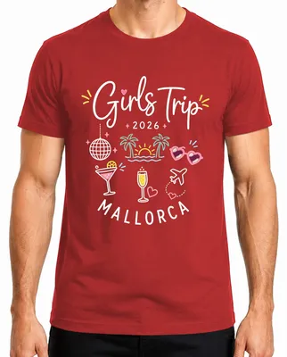 Productafbeelding van Meisjesweekend 2026 Mallorca, vrijgezellenfeest, damesvakantie, heren T-shirt, rood, maat XL