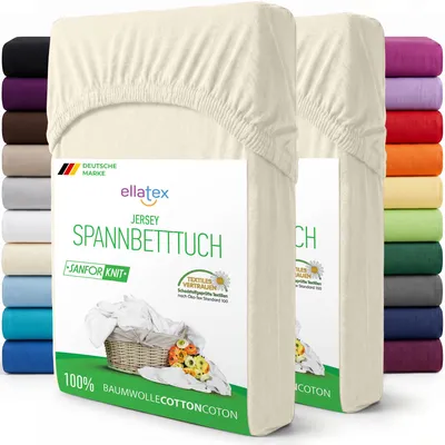 Produktbild von EllaTex 2er Pack Jersey Spannbettlaken 120x200–130x200 Baumwolle – Spannbetttücher Set weich & elastisch, Farbe: Creme