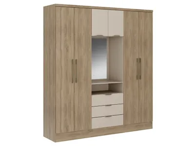 Produktbild von Kleiderschrank mit 6 Türen und 3 Schubladen - Mit Spiegel - Breite 180 cm - Farben: Natur und beige - ELORIO
