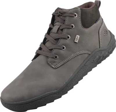 Auf dem Bild ist ein grauer Freizeitschuh zu sehen der von der Außenseite betrachtet wird. Der Schuh hat ein sportliches Design und weist eine strukturierte Oberfläche auf.