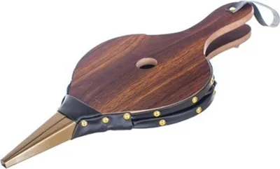 A wooden bellows with black leather accents and a brass nozzle, shown against a white background.