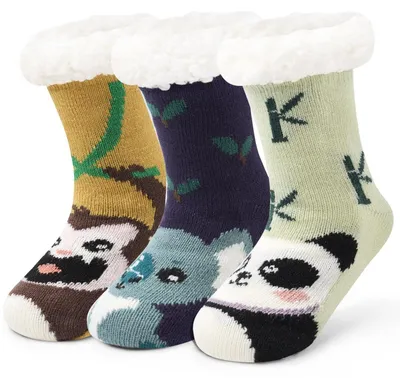 Produktbild von 3 Paar Kindersocken Dicke Wintersocken Jungen Haussocken Mädchen Bodensocken Antirutsch Warme Kuschelsocken 23-31 Panda Koala Affe