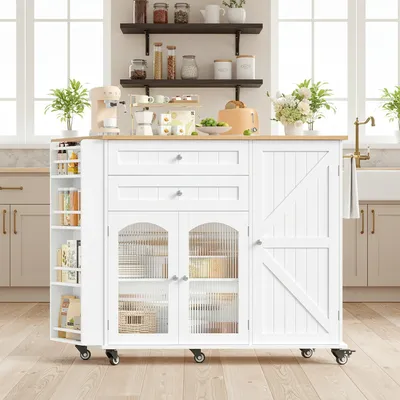 Obrázek produktu pro Kuchyňský vozík - Kuchyňská skříňka - Servírovací vozík - Úložný vozík - Kuchyňský vozík - Mobilní s výklopnými pracovními deskami