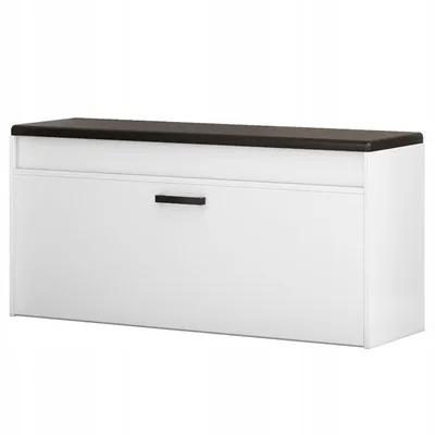 A white shoe cabinet with a dark top and a single black handle on the front.