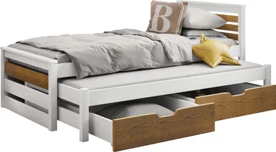 Produktbild von MIRJAN24 Kinderbett mit Ausziehbett Calwin 80, Bett mit Lattenrost, Holzkonstruktion, Kinderzimmerbett (Farbe: Weiß / Eiche, Größe: 80x180 cm)