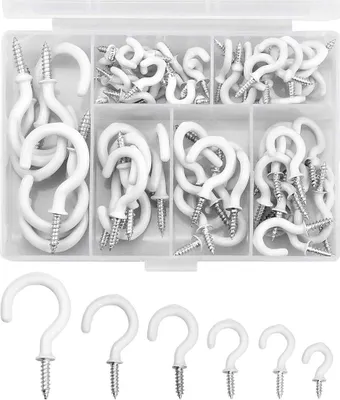 Produktbild von 70 Stück Schraubhaken Set, Robuste Weiß Hakenschrauben mit Gewinde aus beschichtetem Stahl für Innen und Außen, Deckenhaken, Wandhaken, Befestigungshaken
