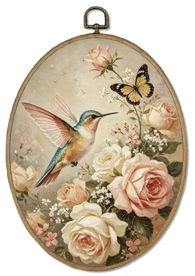 Ovale Wanddekoration Blumen Vogel 29x22 cm