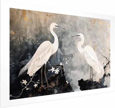 Produktbild von Posterpapier Poster - Herons and Cherry Blossom - oriental-style illustration depicting birds 30x21 cm Tiere g-H-10115-ao-a