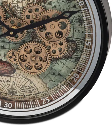 Produktbild von formano Wanduhr Weltkarte Zahnräder 40x40 cm Metall sichtbar drehende Zahnräder