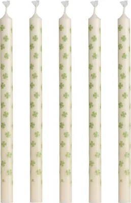 Produktbild von IB Laursen DÜNNE Kerze Weiß mit Grünen KLEEBLÄTTERN Ø 1,3 cm Länge 20 cm 5er Set