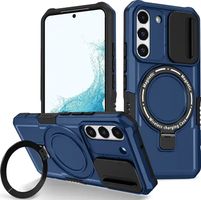 Produktbild von Handyhülle für Samsung Galaxy S22 5G Kompatibel mit MagSafe, Robuste Hülle mit Schiebe Kamera Schutz, Magnetischer Ringständer Blau