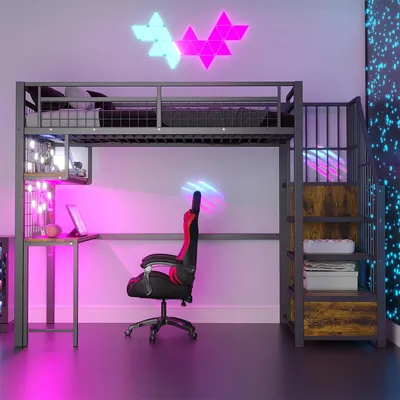 Produktbild von Hochbett mit Lichtleiste und Ladebuchse Metallkonstruktion Kinderbett Einzelbett 90 x 200 cm Schwarz