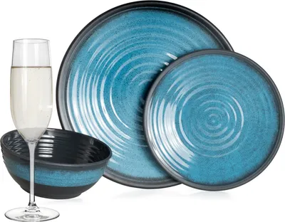 Produktbild von Melamin Camping Geschirr Set 4 Personen Stone Blue + 4 Tiamo Champgner Gläser Flûtes Tafelgeschirr Picknick BBQ Kochgeschirr