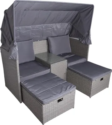 Produktbild von Gartenmuschel MAINZ mit Hocker Beistelltisch Sonnendach - Kunststoff, Grau | Sonneninsel Outdoor Gartensofa mit Dach Garten Pool