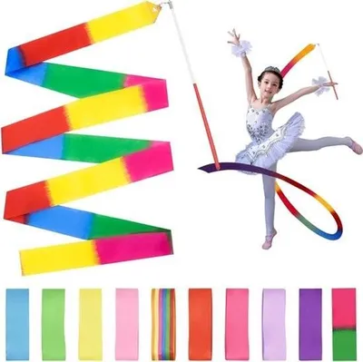 Image de Rubans de danse rythmique - 10 rubans de gymnastique colorés avec barre de torsion - Idéal pour les concours de talents et les spectacles de danse pour enfants - Ruban arc-en-ciel - Filles