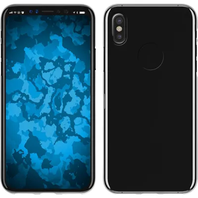 Front and back view of a black smartphone with a blue abstract wallpaper on the screen.