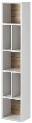 A tall, narrow white bookshelf with wooden accents.