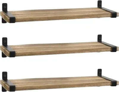 Produktbild von 3er-Set Wandregale aus Holz – Schwebend mit schwarzem Metall – Rustikal & Vintage