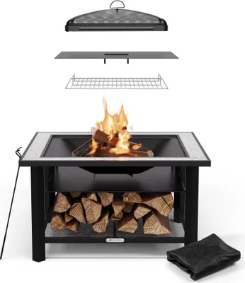 Image de Blumfeldt Merano Avanzato Brasero Exterieur - 3-en-1 Brasero, Barbecue & Table, Plateau en Terrazzo, Cadre en Acier Robuste, Pare-Étincelles, Grille & Tisonnier Inclus, Idéal pour Jardin & Terrasse