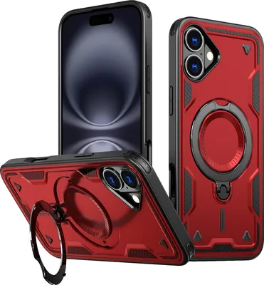Produktbild von Dual Layer Hülle für iPhone 16 Plus Metall Ring Ständer Magnetisch Stoßfest Militär Handyhülle Rot
