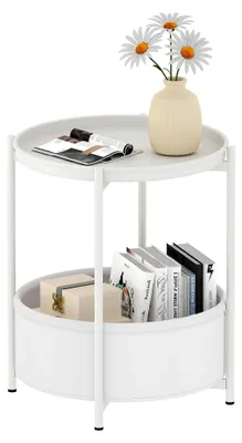 Produktbild von Runder Beistelltisch, Sofatisch mit 2 Ebenen, Metalltisch für Balkon, Kleiner Tisch, Couchtisch mit Stoffkorb, Wohnzimmertisch, Nachttisch für Schlafzimmer und Wohnzimmer (Weiß)