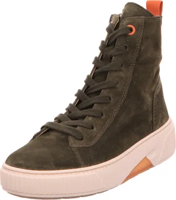 A single green high-top sneaker is shown against a white background.