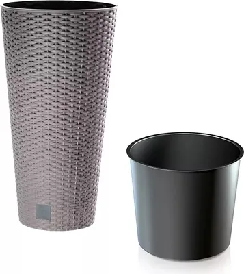 A tall, textured planter and a separate inner pot are shown against a white background.