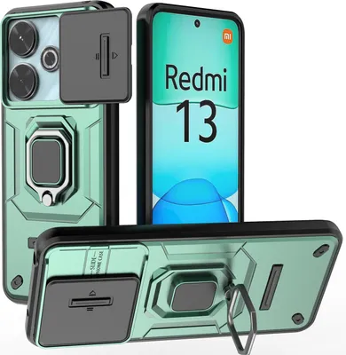 Produktbild von Hülle für Xiaomi Redmi 13 Dual Layer Handyhülle Schiebe Kamera Schutz und Ringhalter Ständer Grün