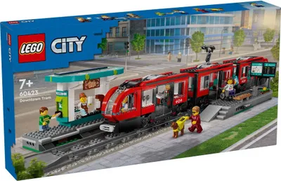 Obrázok produktu pre LEGO City električka so zastávkou, nápad na darček pre fanúšikov hračiek vozidiel vo veku 7+, so 6 minifigúrkami a vodiacim psom na hranie rolí, stavebnica 60423