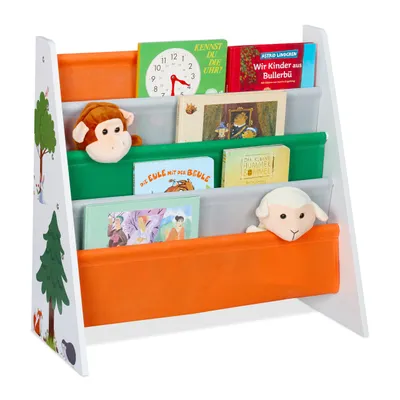 Produktbild von Relaxdays Bücherregal Kinder, HxBxT: 60 x 62,5 x 28 cm, 4 Stofffächer, Kinderbücherregal Waldtiere, Kinderregal, bunt