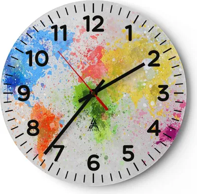Produktbild von Wanduhr - Rund - Glasuhr - Karte Welt modern - 40x40cm - Schleichendes Uhrwerk - Lautlos - zum Aufhängen bereit - Dekoration Modern - Wanddekoration aus Glas - C4AR40x40-3559