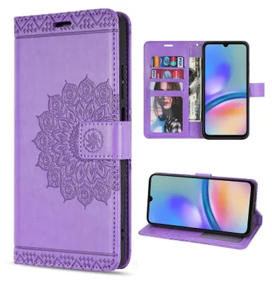 A collage of images showing a purple wallet phone case with a mandala design, and a phone inside the case.