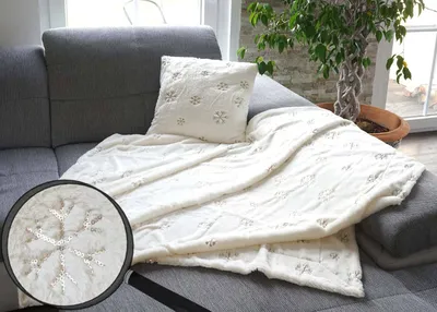 Produktbild von Set Wohndecke + Deko-Kissen Schnee, Kuscheldecke Sofadecke Zierkissen+Füllung, flauschig Pailletten