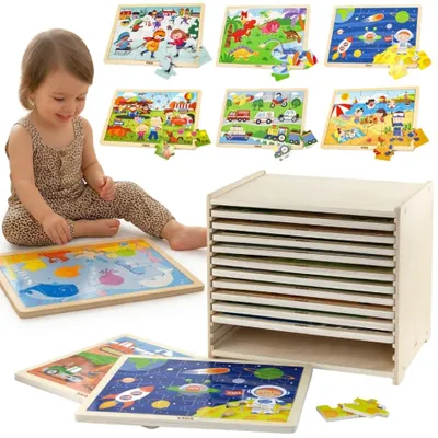 Produktbild von Viga Holzpuzzle-Set, 12 Puzzles mit je 24 Teilen, auf einem Ständer