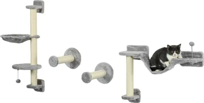 Produktbild von PawHut Wand-Kletterregal für Katzen, 4-teiliges Katzenregal-Set mit Hängematte, Ball-Sprungplattformen, Sisalstange und Leiter, 84,5 x 19 x 54 cm, Grau und Beige