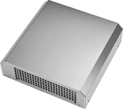 A silver-colored electronic device with ventilation slits on the front and a brushed metal top.