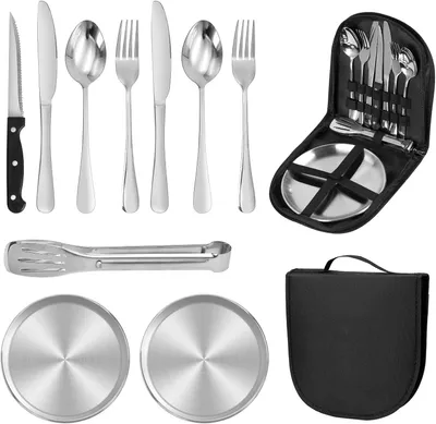 Image de Ensemble de vaisselle de camping, 11 pièces, pour 2 personnes, en acier inoxydable, idéal pour le camping
