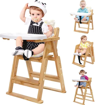 Image de Chaise haute en bois, 4 en 1, réglable et pliable, avec plateau amovible, pour les enfants de 6 mois à 10 ans
