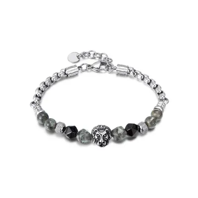 Produktbild von Männer Armband mit Löwenkopf-Verschluss – Silberfarben & Schwarz