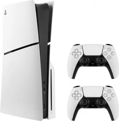 A white PlayStation 5 console and two white controllers are displayed against a white background.
