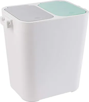 A white dual-compartment trash can with gray and mint green lids.