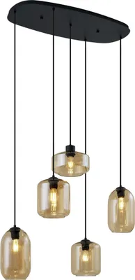 Zdjęcie produktu dla QAZQA – nowoczesna lampa wisząca I lampa wisząca I lampa wisząca czarna z bursztynowym szkłem, 5-punktowa – Sheena I salon I sypialnia – metal owalny – przystosowana do żarówek LED E27