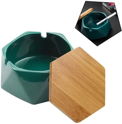 Produktbild von Keramik-Aschenbecher mit Holzdeckel - Winddichtes geometrisches Design - Für Haus und Büro - Sechseckig Grün